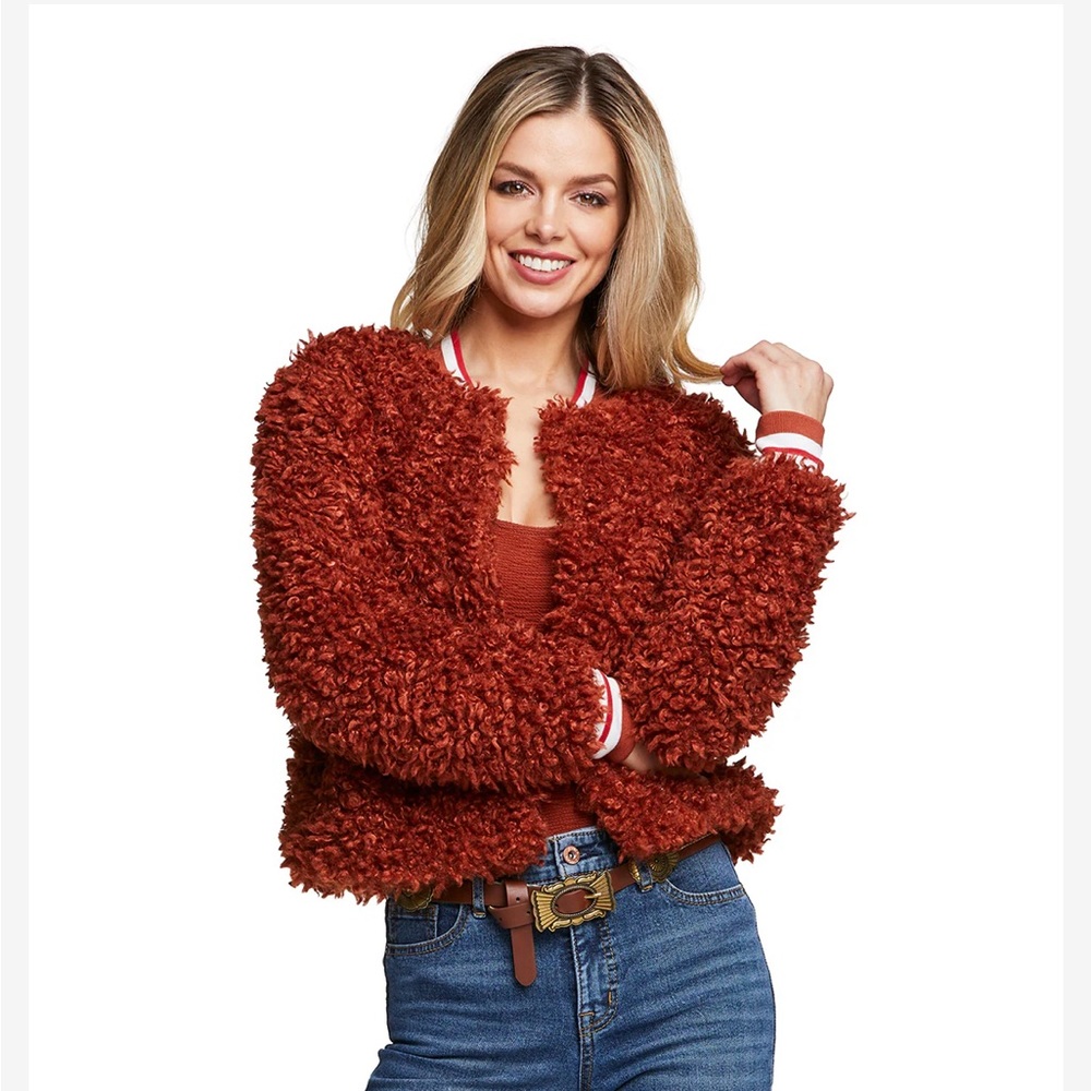 Faux Fur Bomber Jacket with Rib Collar SIZE 3X
